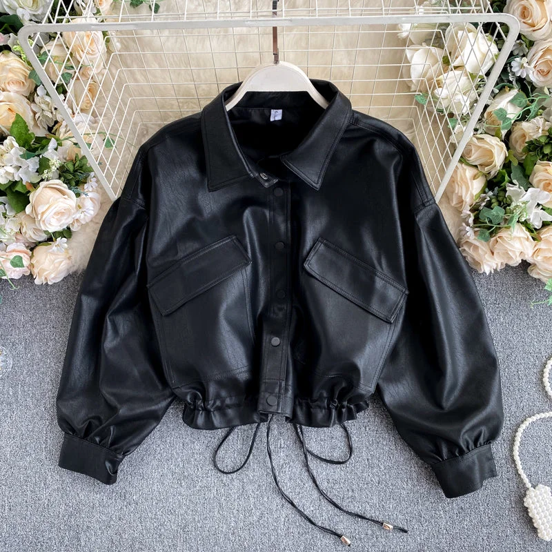 Black Long Sleeve Short Biker Jacket  245 Bomber Jacket Anorak Windbreaker