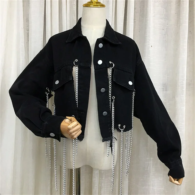 Women Edgy Long Chain Cut Out Denim Jacket Wool Jacket Cashmere Jacket Tweed Jacket