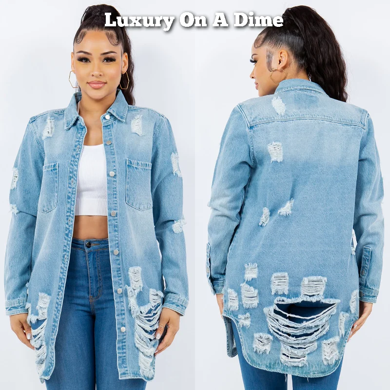 American Bazi Torn Distressed Hole Oversized Shacket Cotton Denim Jean Jacket Light Blue Plaid Jacket Tartan Jacket Houndstooth Jacket