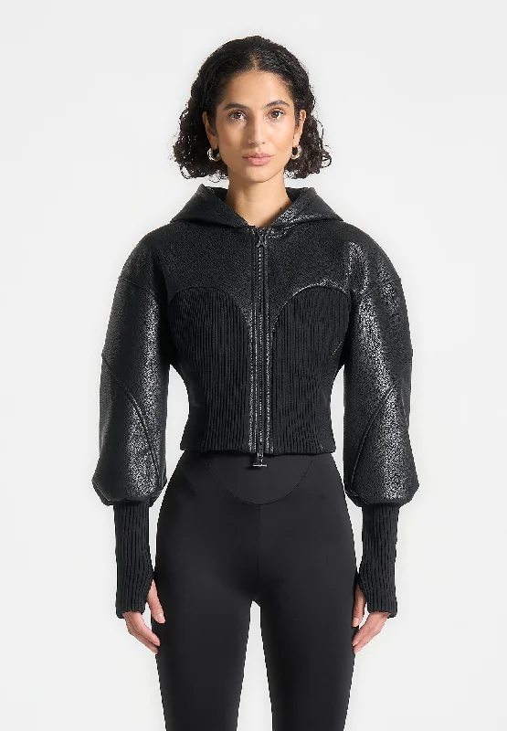 Hooded Pebbled Leather Contour Jacket - Black Chenille Jacket Brocade Jacket Lace Jacket