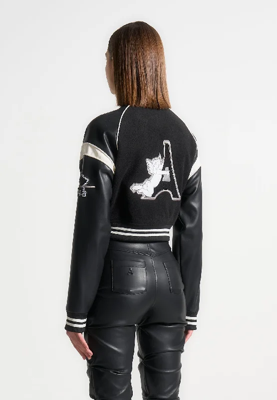 Eiffel Varsity Jacket - Black Snapped Jacket Toggled Jacket Drawstring Jacket