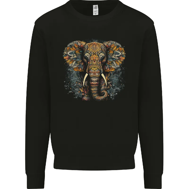 An Elephant With Tribal Markings Mens Sweatshirt JumperHoodie with Hem Raw Edge Edgy Unfinished