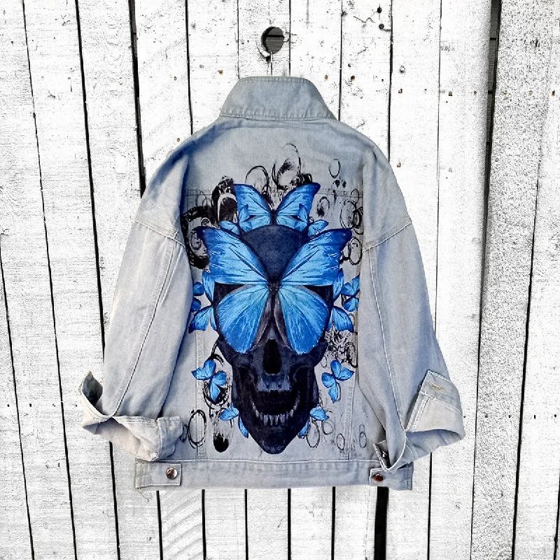 Women Casual Long Sleeves Graphic Butterfly Printed Single-Breasted Denim Jacket Denim Fabric Leather Fabric Suede Fabric