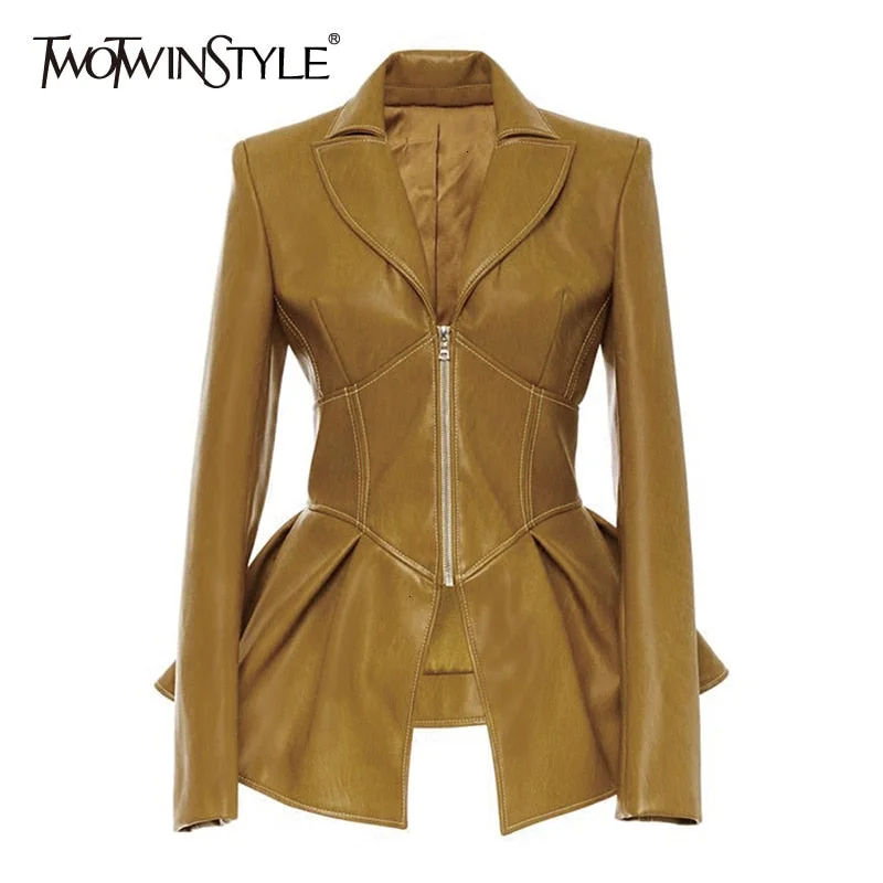 TWOTWINSTYLE Biker Style Patchwork Irregular Jacket Women Lapel Collar Long Sleeve High Wait Tunic Female Coat 2022 Fashion New Tailored Jacket Straight Jacket A-Line Jacket