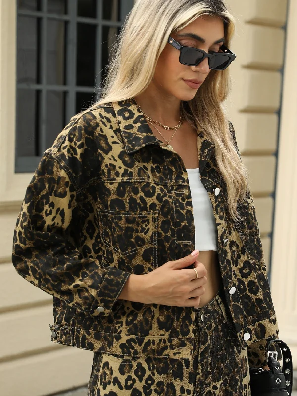 Leopard Print Denim Jean Jacket Full Button Front Classic Collar Mobwife Animal Glam Zippered Jacket Buttoned Jacket Snapped Jacket