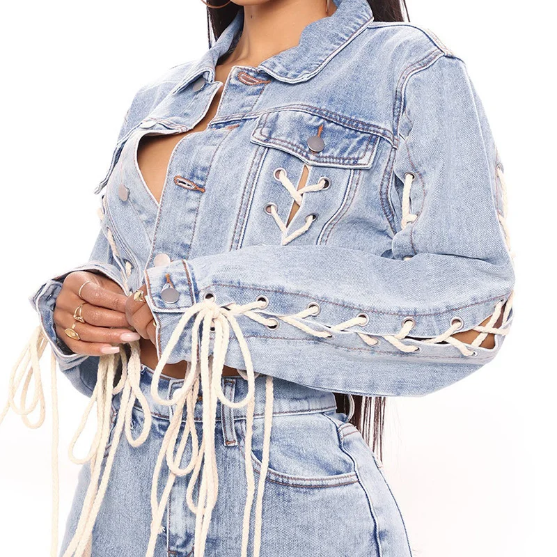 Women'S Fashion Strapping Denim Jacket Lace Jacket Ribbed Jacket Sequined Jacket