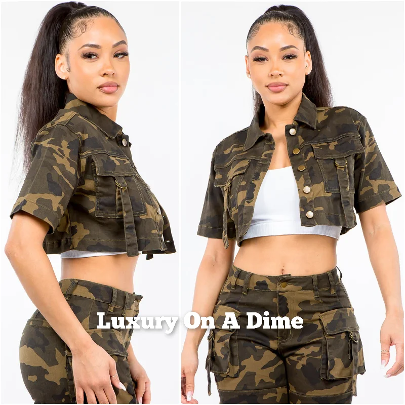 American Bazi Cropped Combat Camo Denim Short Sleeve Button Jean Jacket One-Shoulder Jacket Off-the-Shoulder Jacket Asymmetrical Jacket