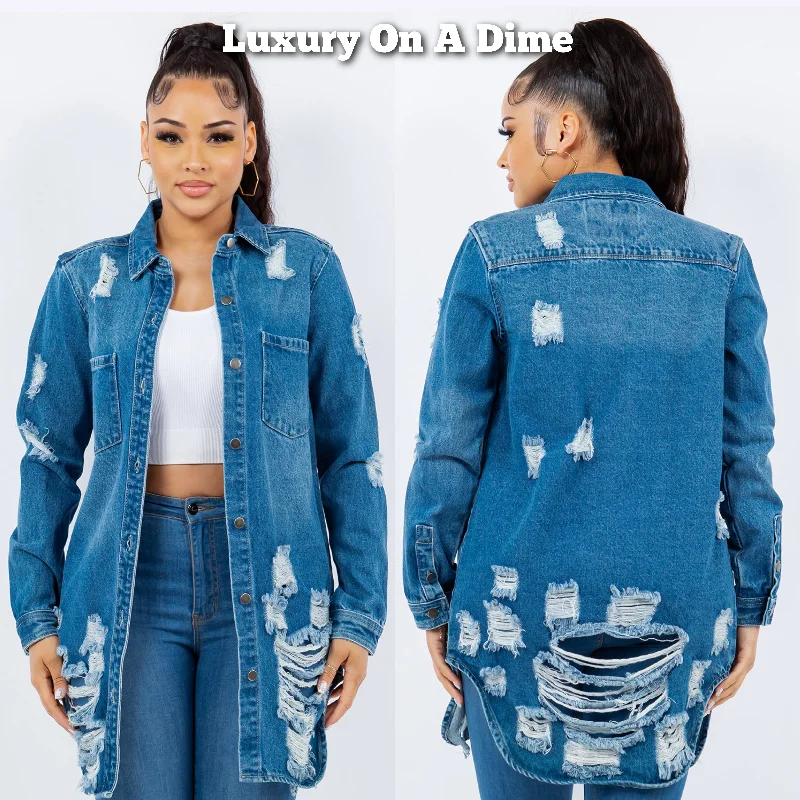 American Bazi Torn Distressed Hole Oversized Shacket Cotton Denim Jean Jacket Medium Blue Print Jacket Jacquard Jacket Patchwork Jacket