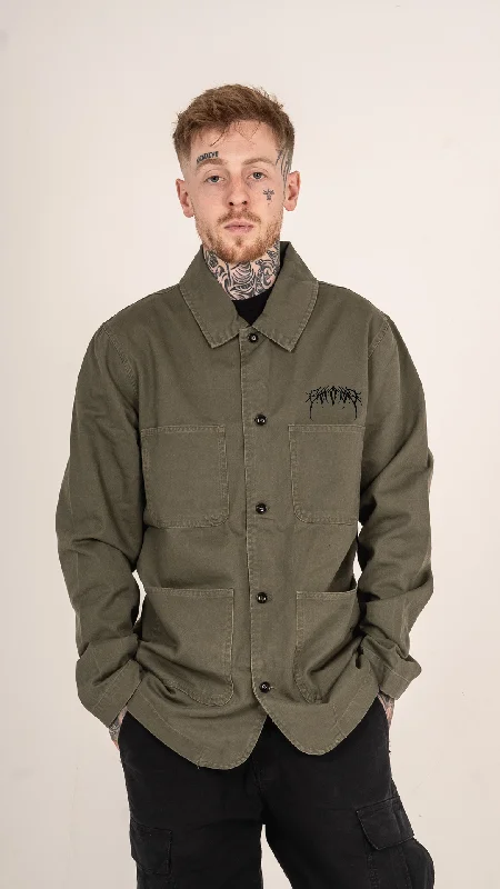 Metal Logo Chore Jacket Army Green Snapped Jacket Toggled Jacket Drawstring Jacket