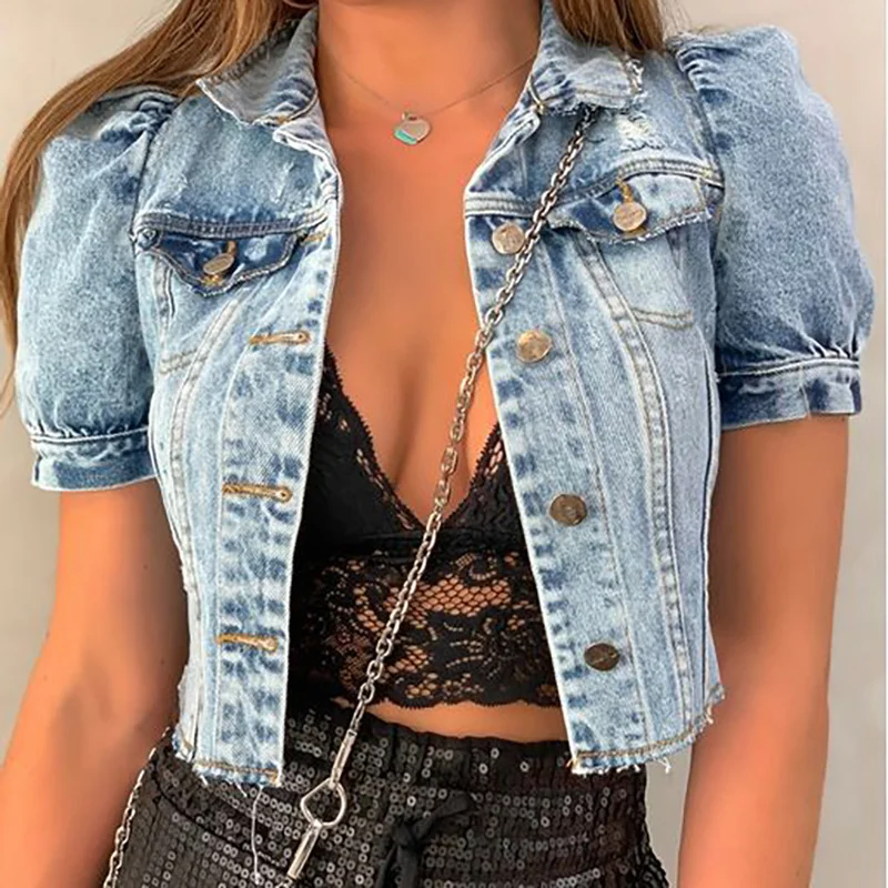 2 Pieces  Women Fashion Vintage Frayed Denim Short Sleeve Single-Breasted Jacket Front Pockets Side Pockets Patch Pockets