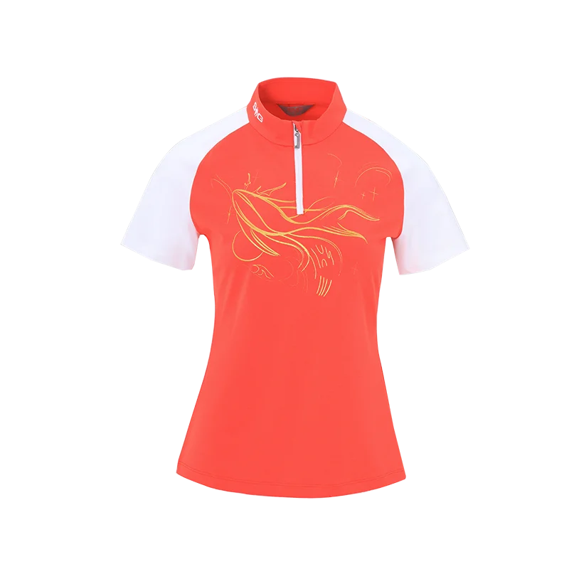 SVG Golf  Women's Orange Stitched Short-sleeved T-shirt Zipper Collar Jacket Denim Fabric Leather Fabric Suede Fabric