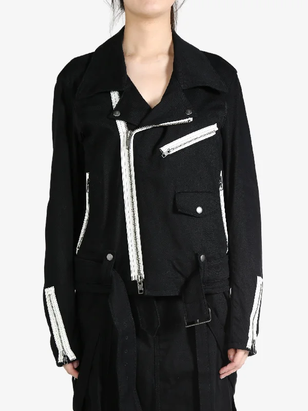 YOHJI YAMAMOTO LIMI FEU - Women Belt Detail Biker Jacket Cotton Fabric Linen Fabric Terry Fabric