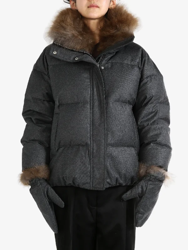 YVES SALOMON X LORO PIANA - Women Padded Fur Jacket With Gloves Quilted Jacket Puffer Jacket Insulated Jacket