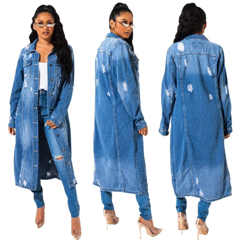 Women'S Fashion Ripped Denim Jacket Hoodie Zip-Up Jacket Button-Up Jacket