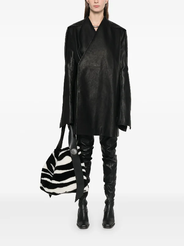 RICK OWENS - Women Leather Officer Jacket Hoodie Zip-Up Jacket Button-Up Jacket