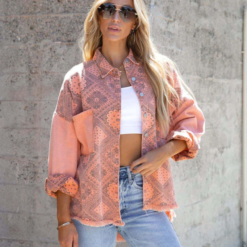 Women Fashion Casual Geometry Totem Printed Loose Vintage Denim Jacket Mesh Jacket Canvas Jacket Denim Jacket