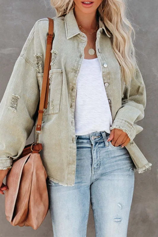 Women Autumn Winter Vintage Colored Denim Jacket Ribbed Jacket Pleated Jacket Ruffled Jacket