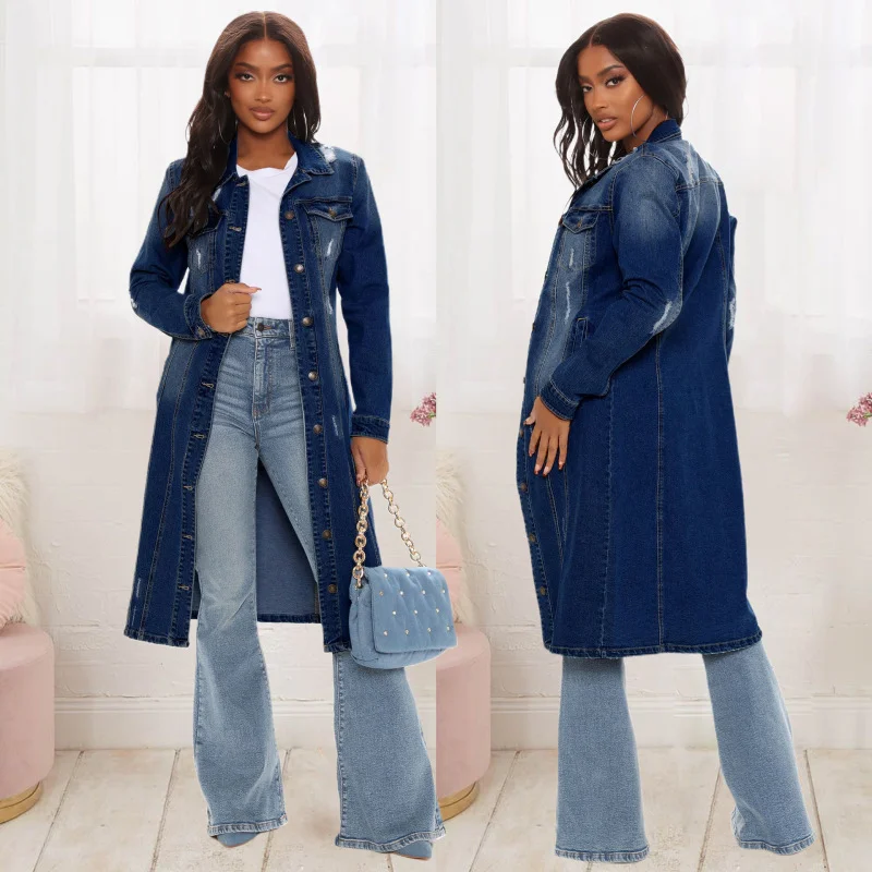 Women'S Fashion Ripped Long Sleeve Denim Jacket Cotton Jacket Linen Jacket Terry Jacket