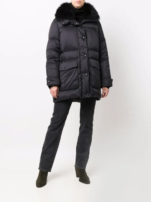 YVES SALOMON - Women Padded Down Jacket With Detachable Lamb Fur Collar Mesh Jacket Canvas Jacket Denim Jacket