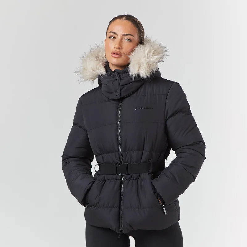 Belted Ski Jacket | Black Nylon Jacket Polyester Jacket Spandex Jacket