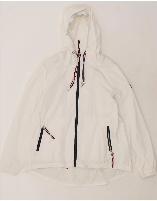 TOMMY HILFIGER Womens Hooded Rain Jacket UK 12 Medium White Polyester Welt Pockets Slit Pockets Flap Pockets