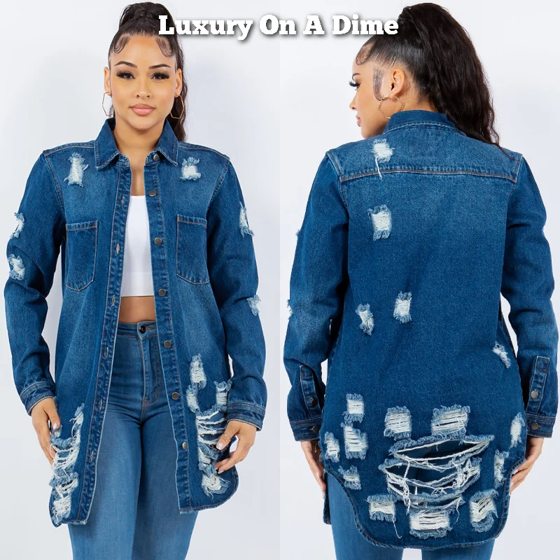 American Bazi Torn Distressed Hole Oversized Shacket Cotton Denim Jean Jacket Blue Collared Jacket Crew Neck Jacket Turtle Neck Jacket