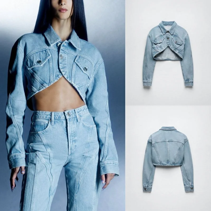 Women Fashion Long Sleeve Irregular Hemline Cropped Denim Jacket Top Zippered Jacket Buttoned Jacket Snapped Jacket