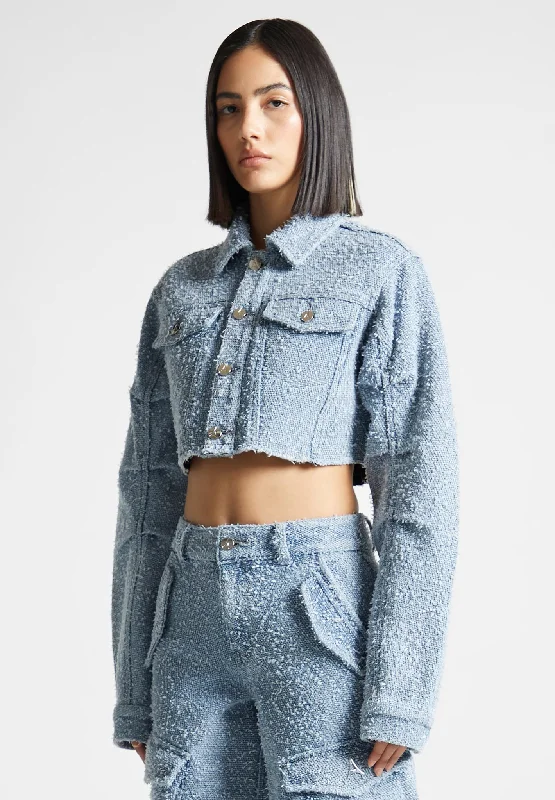 Cropped Boucle Denim Jacket - Mid Blue Striped Jacket Polka Dot Jacket Floral Jacket