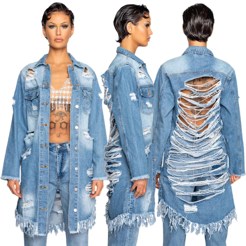 Women'S Fashion Ripped Fringed Long Sleeve Denim Jacket Fleece Jacket Down Jacket Feather Jacket