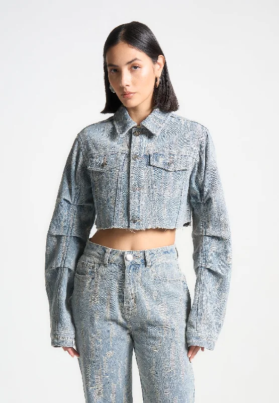 Cropped Distressed Denim Jacket - Mid Blue Belted Jacket Elasticated Jacket Padded Jacket