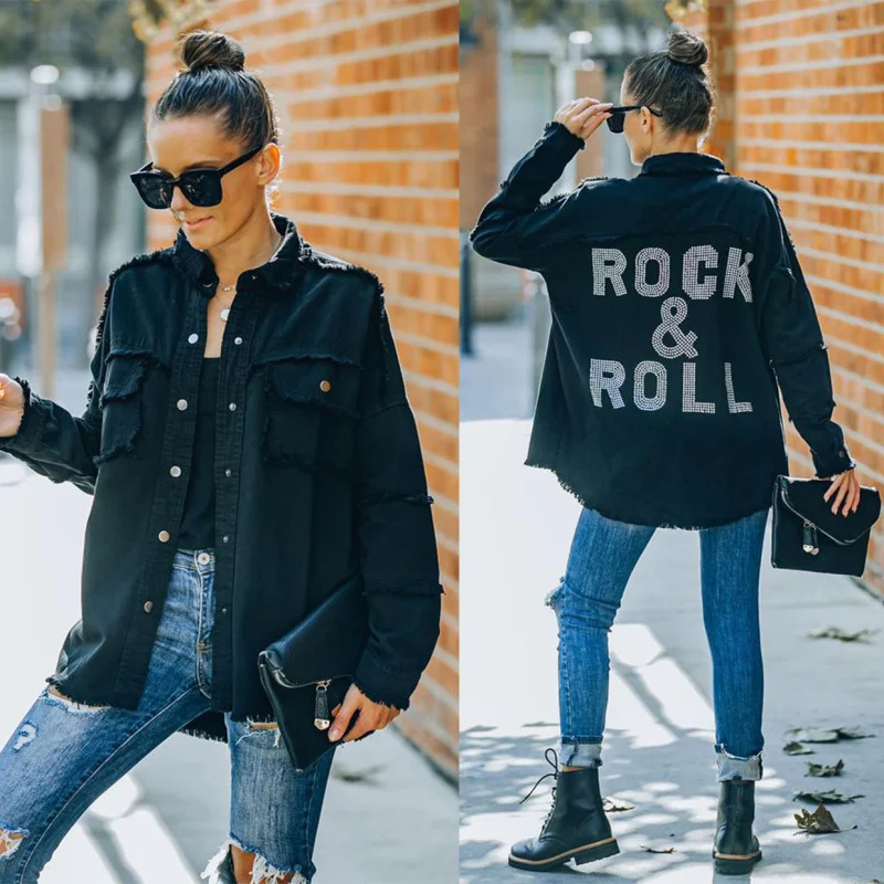 Women Fashion Casual Punk Vintage Letter Pattern Washed Loose Black Denim Jacket Jersey Jacket Tulle Jacket Batik Jacket