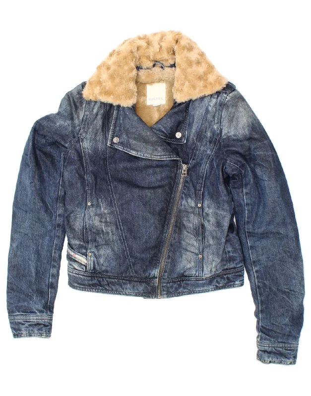 DIESEL Girls Denim Sherpa Jacket 10-11 Years XL Blue Cotton Tailored Jacket Straight Jacket A-Line Jacket