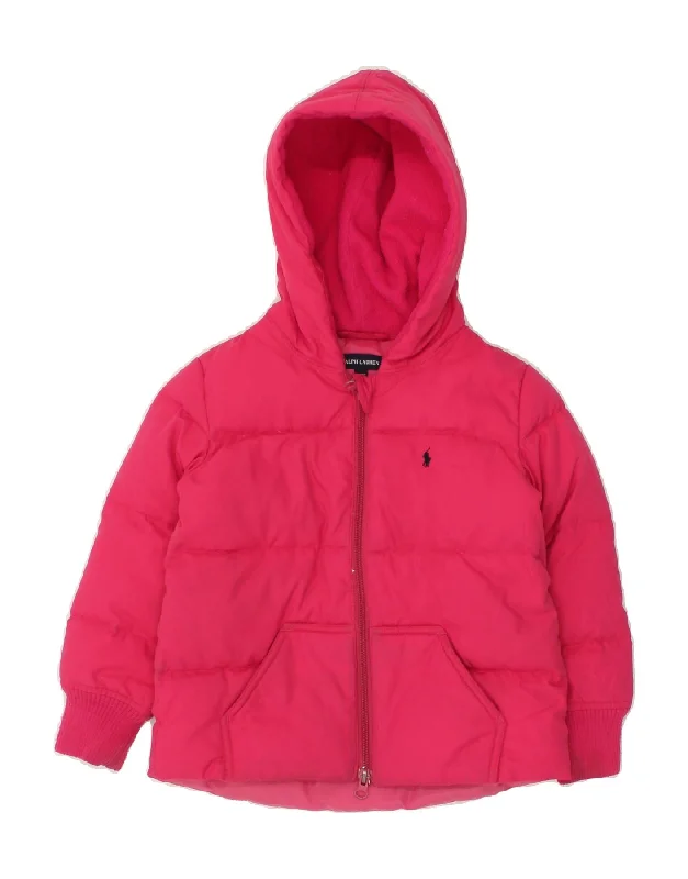 RALPH LAUREN Girls Hooded Padded Jacket 3-4 Years Pink Polyester Snapped Jacket Toggled Jacket Drawstring Jacket