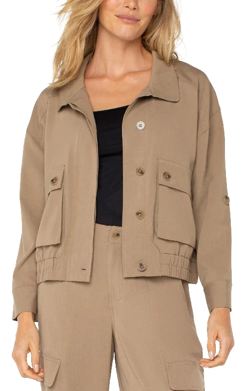 UTILITY JACKET WITH CINCH HEM A-Line Jacket Boat Neck Shawl Collar