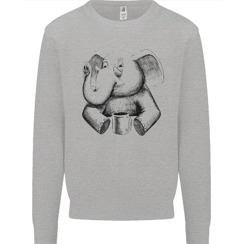 An Elephant Drinking Coffee Mens Sweatshirt JumperHoodie with Hem Elastic Stretchable Comfortable