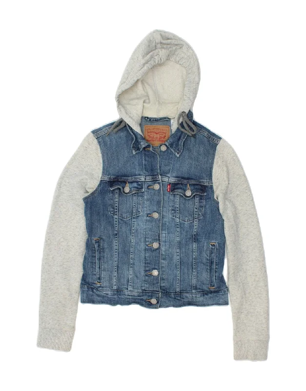 LEVI'S Girls Hooded Denim Jacket 10-11 Years XS Blue Colourblock Cotton Stand-Up Collar Roll-Neck Collar Turtle Neck