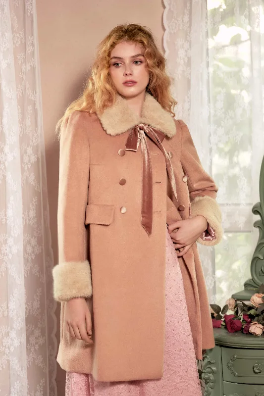 Naya Lapel Bow Coat with Fur Collar Satin Silk Chiffon