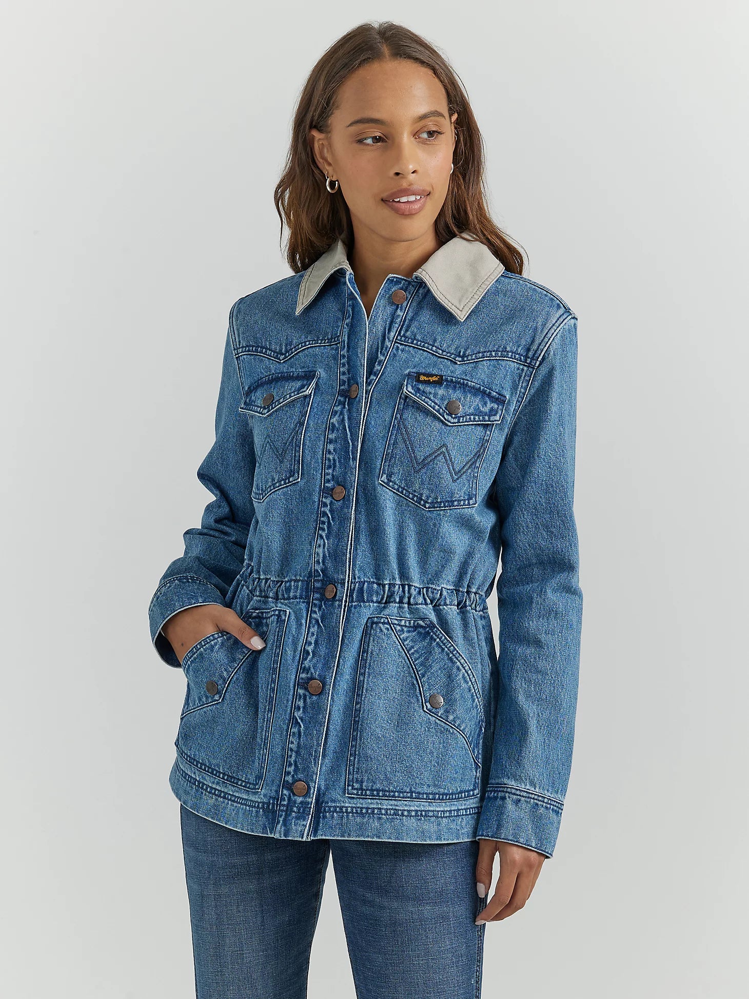 Women's Wrangler Anorak Denim Barn Coat Appliqued Beaded Sequined