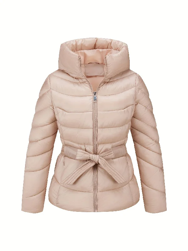 Zip-up Stand Collar Puffy Coat, Casual Long Sleeve Belted Insulated Coat For Winter, Women's Clothing Trench Wool Cashmere