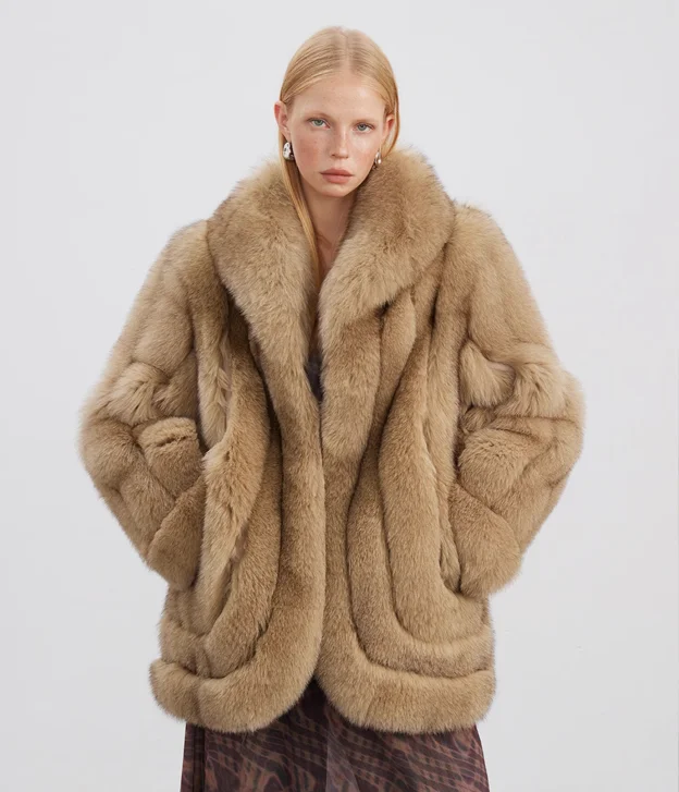 Women’s Olive Brown Fox Fur Coat Mesh Canvas Denim