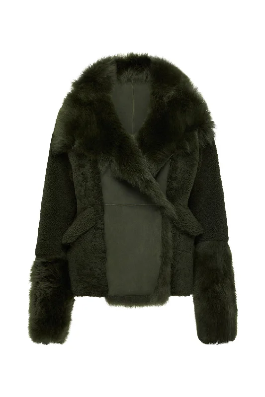 Spring Street Shearling Coat Moss Green Shearling Fitted Loose Oversized