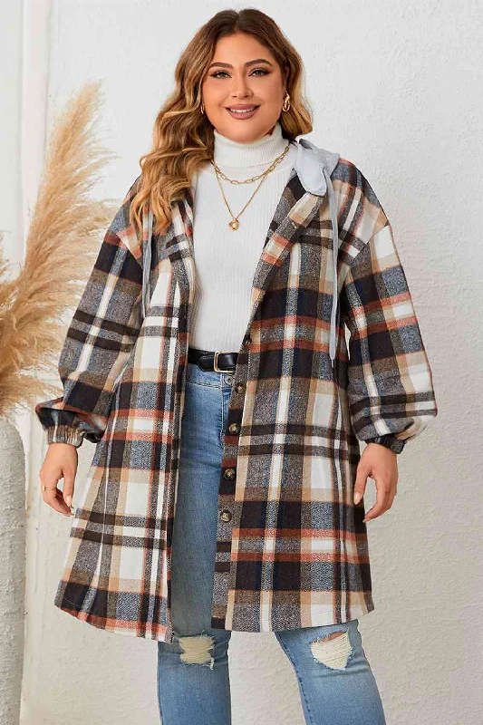 Selfie Sunday Plus Size Plaid Drop Shoulder Hooded Coat Solid Print Jacquard