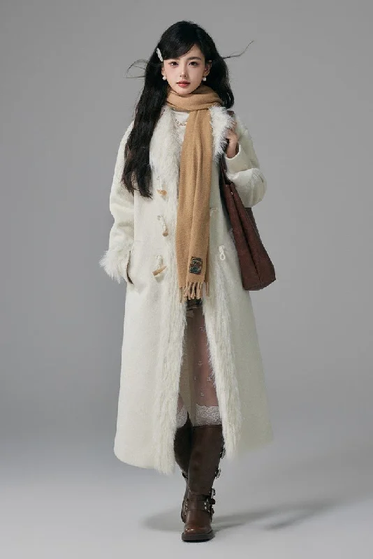 Long Temperament Lapel White Woolen Coat YOO0014 Mesh Canvas Denim