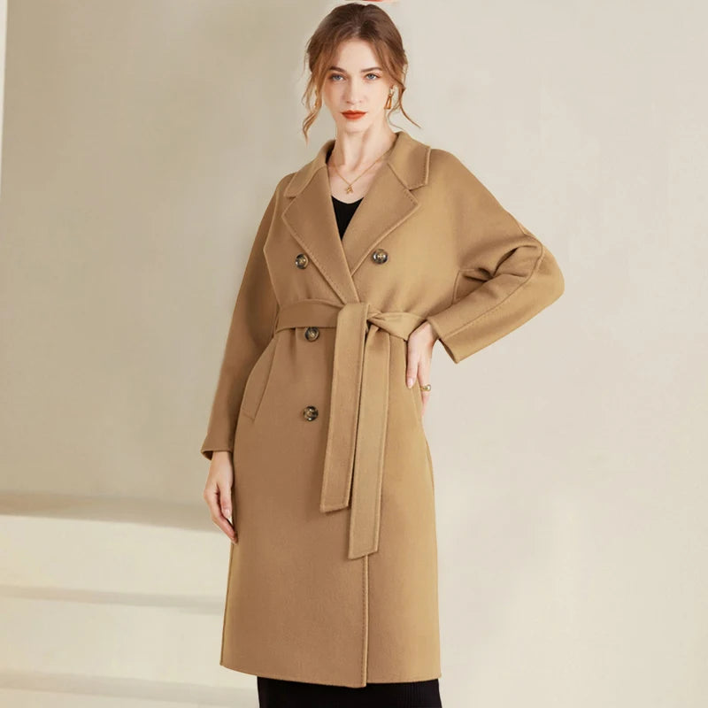 Autumn and Winter New Cashmere Coat Women's Classic Double-breasted Women's Thickened Double-sided Wool Long Coat  MM Turtleneck Wrap Cape