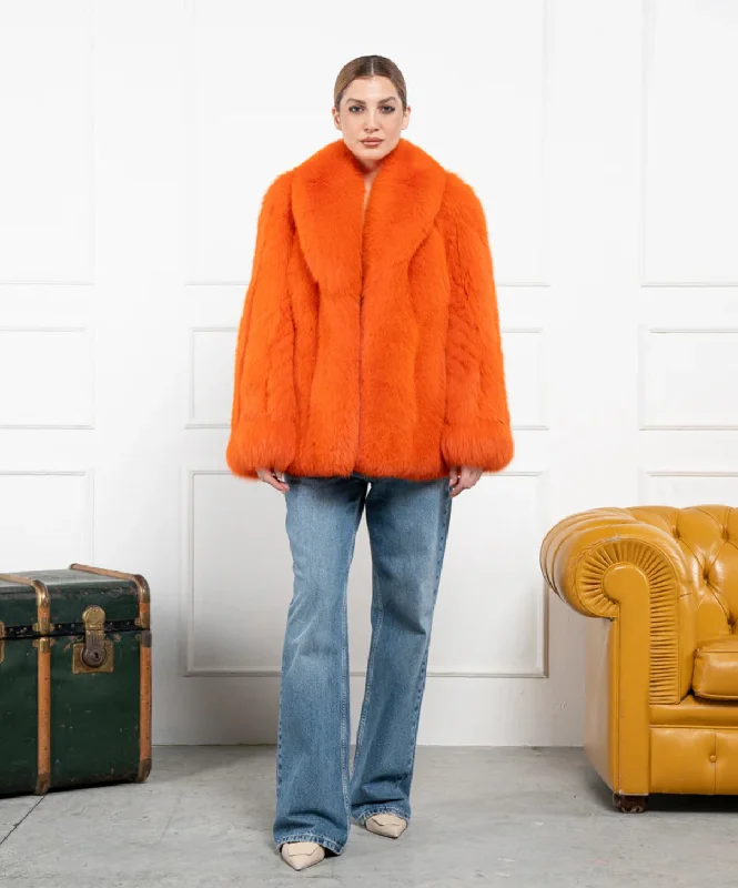 Women's Orange Fox Fur Coat Cotton Linen Terry