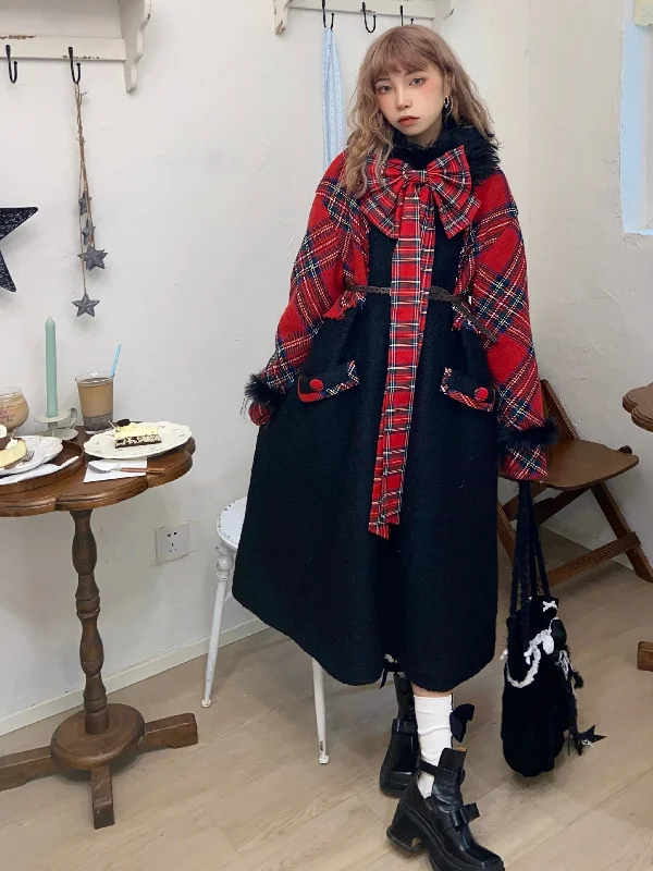 Retro Black Plaid Mid-length Woolen Coat SHC0010 Square Neck One-Shoulder Off-the-Shoulder