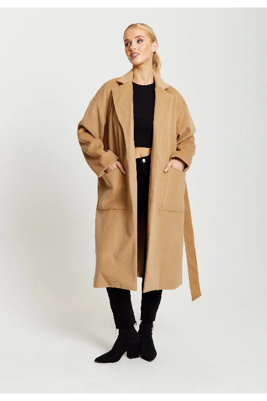 Liquorish Belted Longline Coat In Camel Bomber Jacket Denim Jacket Leather Jacket