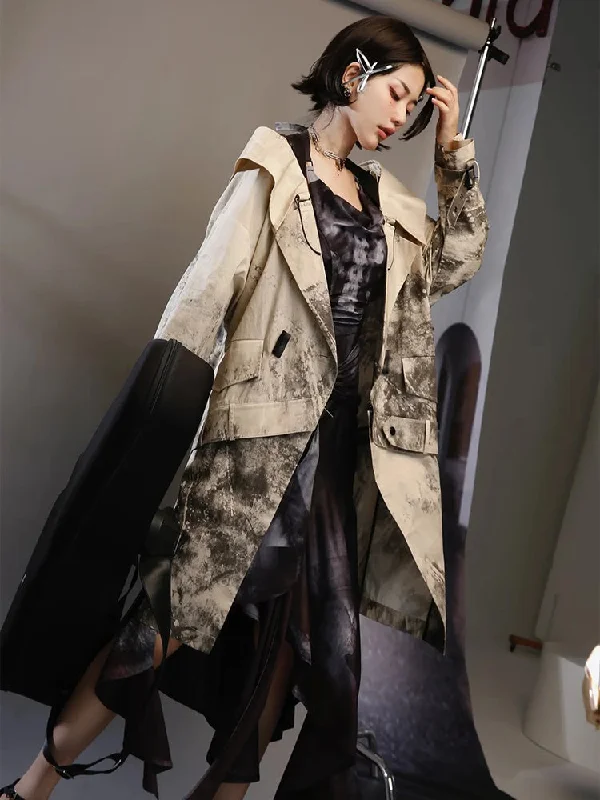 Nichi Leather Water-Color Chic Ink Long-Coat【s0000004016】 Off-the-Shoulder Jacket Double-Breasted Coat Single-Breasted Coat