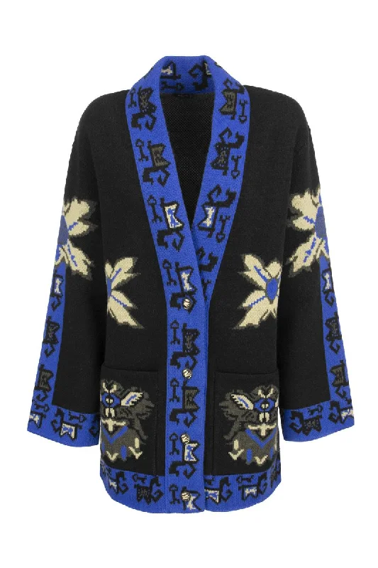 Jacquard knit coat with geometric patterns Appliqued Beaded Sequined