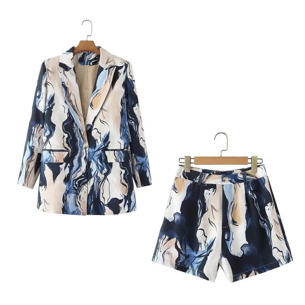 Women double row button printing suit coat+short Lapel Coat Peter Pan Collar Coat Cowl Neck Coat